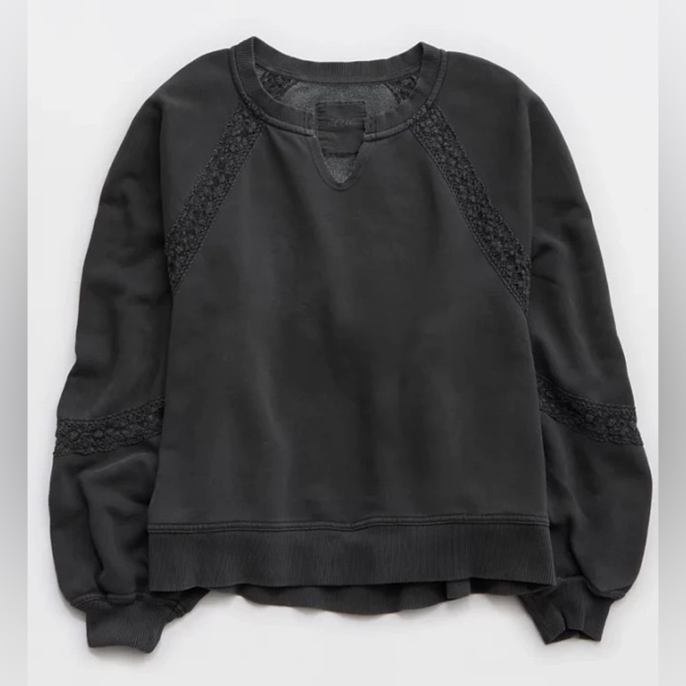 Aerie Hey Crochet Sweatshirt, Medium, Charcoal Gray